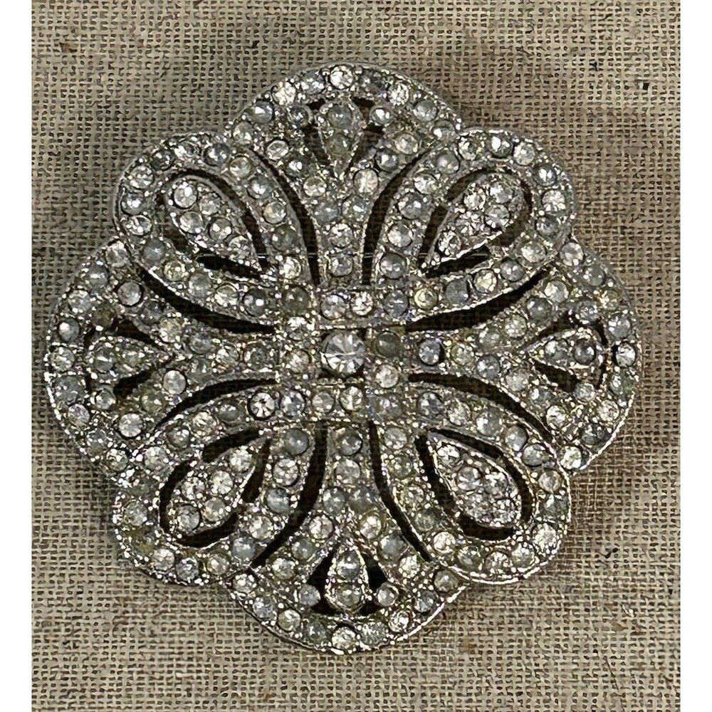 Flower Rosette Knot Clear Rhinestones Vintage Silver Brooch Pin 2 Inches